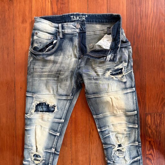 TAKER Blue Distressed Men's Jeans 30x32  (32 inseam/ 30 waist measured) stretch - Picture 2 of 15